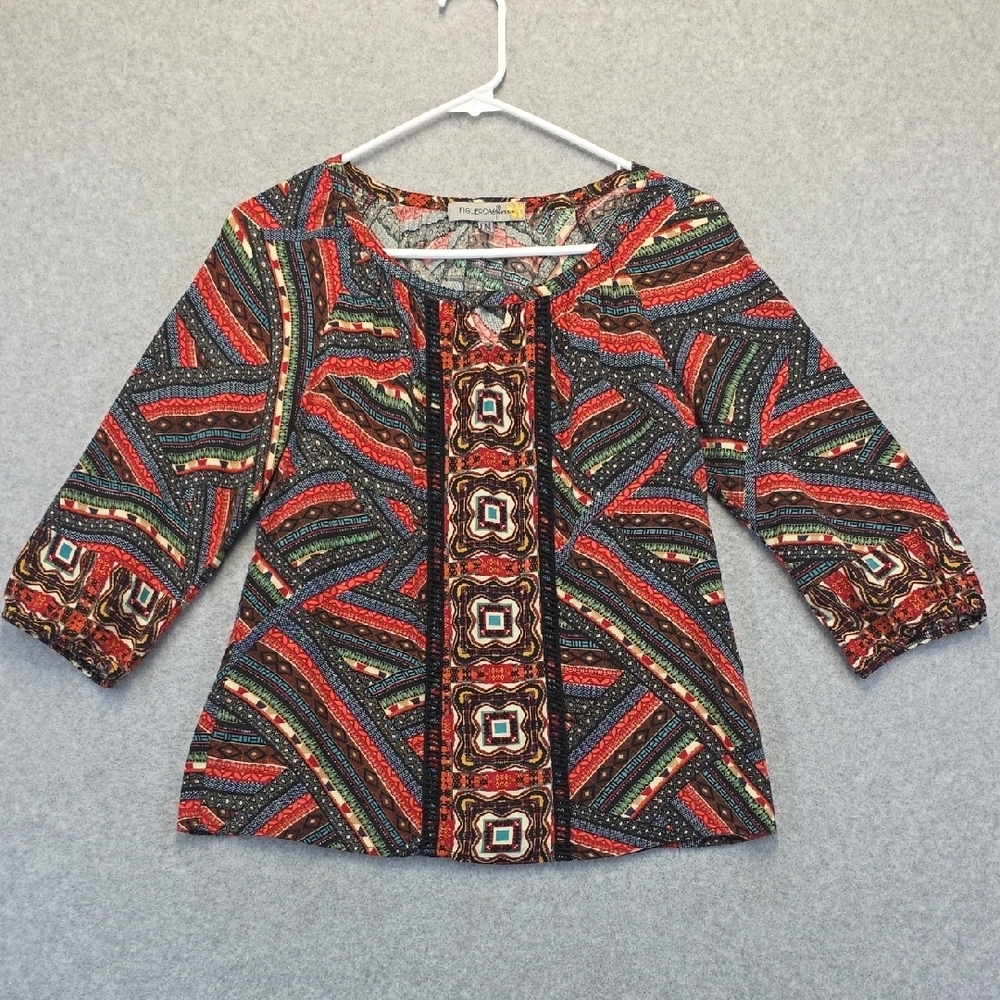 Figueroa & Flower Boho Print Top Women’s PM 3/4 Sleeve Rayon Blouse